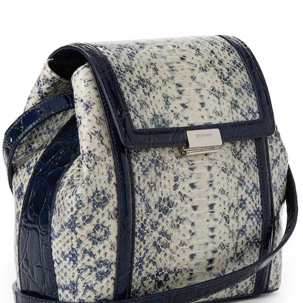 Brahmin Navy and Cream Python-Print Crossbody Bag